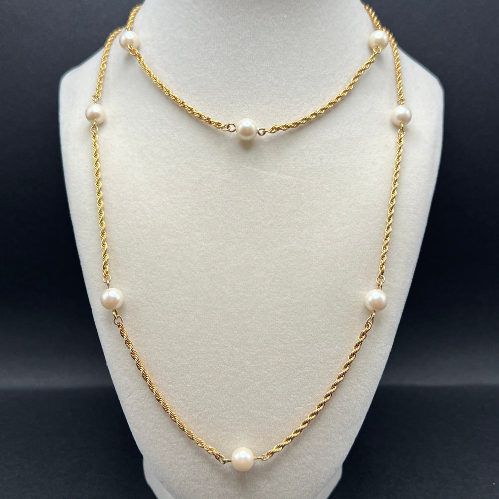 Vintage Station Necklace Gold Tone Rope Chain Faux Pearl Classic Opera 34"